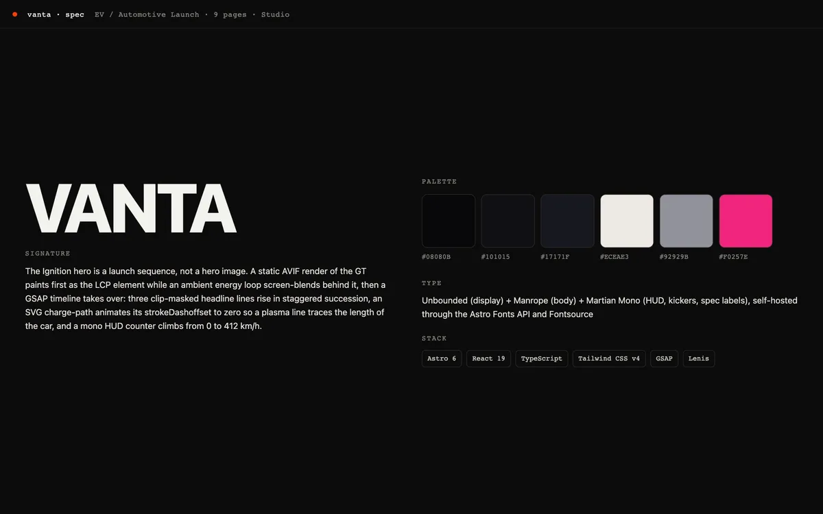 Spec de Vanta: paleta, tipografía, stack y firma